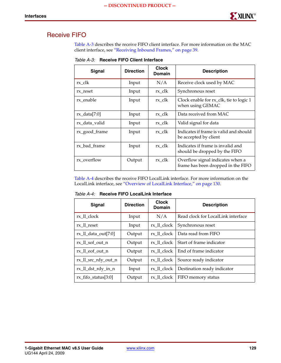 Receive fifo, Table a-3, Table a-4 | Xilinx LOGICORE UG144 User Manual | Page 129 / 138