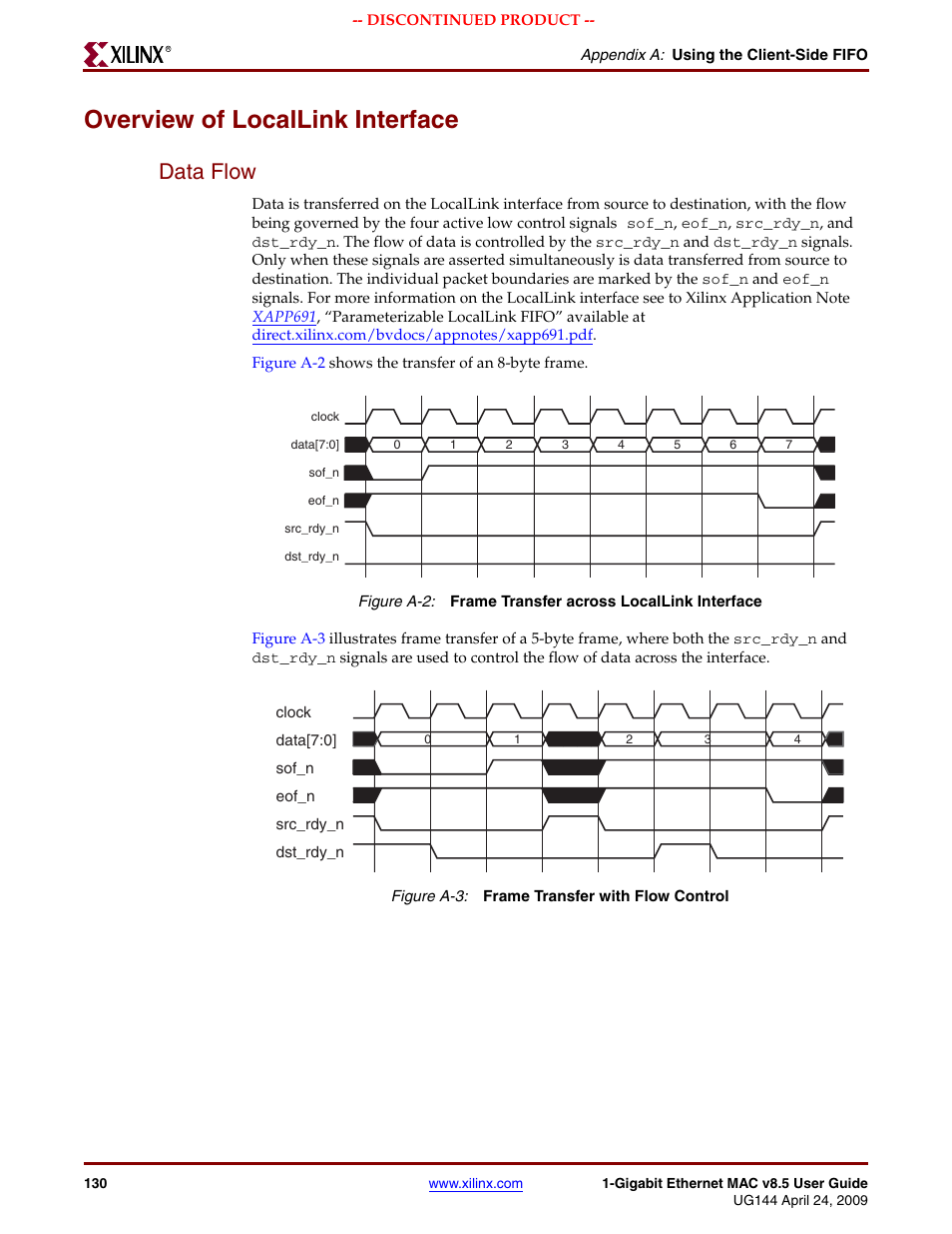 Overview of locallink interface, Data flow, Figure a-2 | Figure a-3 | Xilinx LOGICORE UG144 User Manual | Page 130 / 138