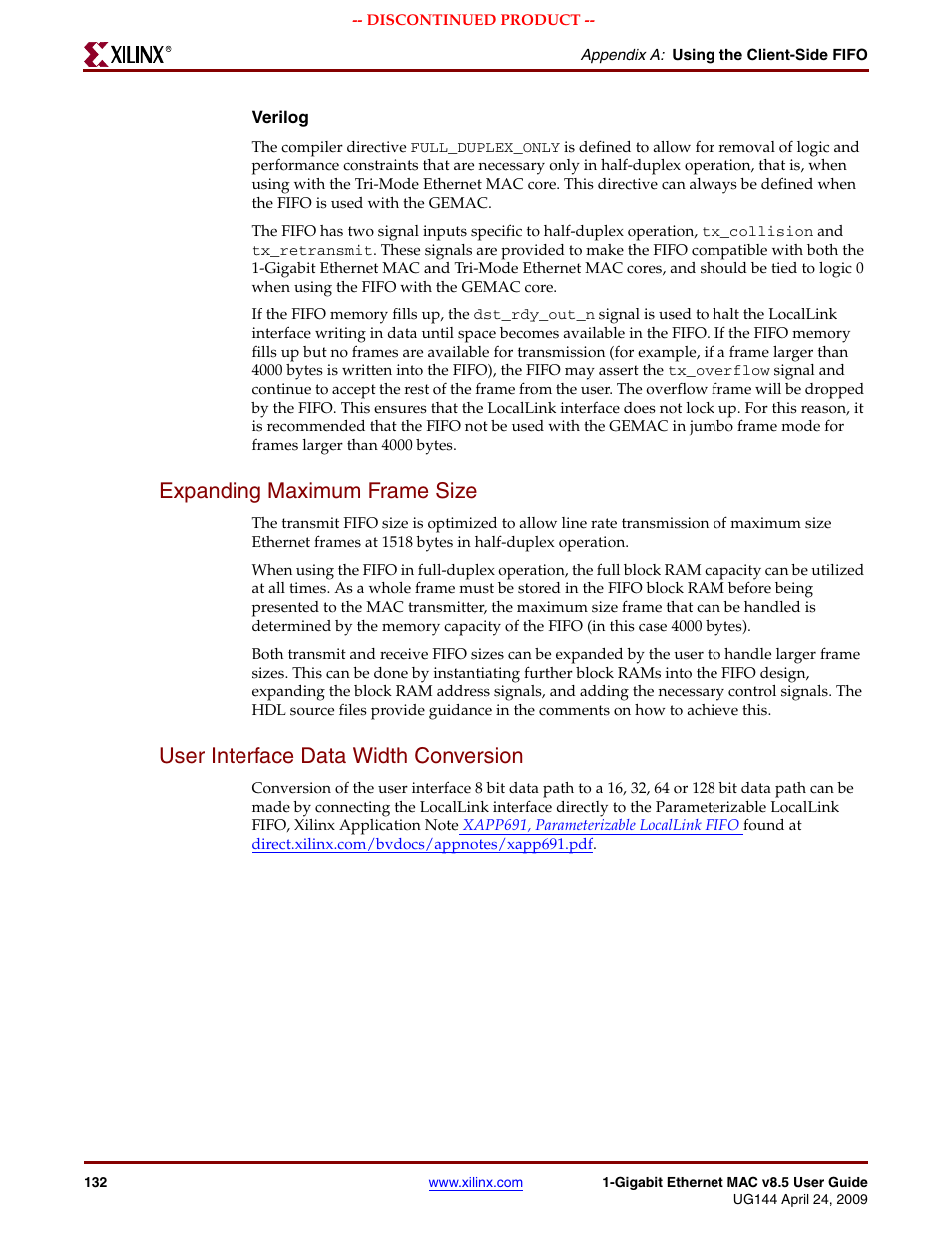 Expanding maximum frame size, User interface data width conversion | Xilinx LOGICORE UG144 User Manual | Page 132 / 138