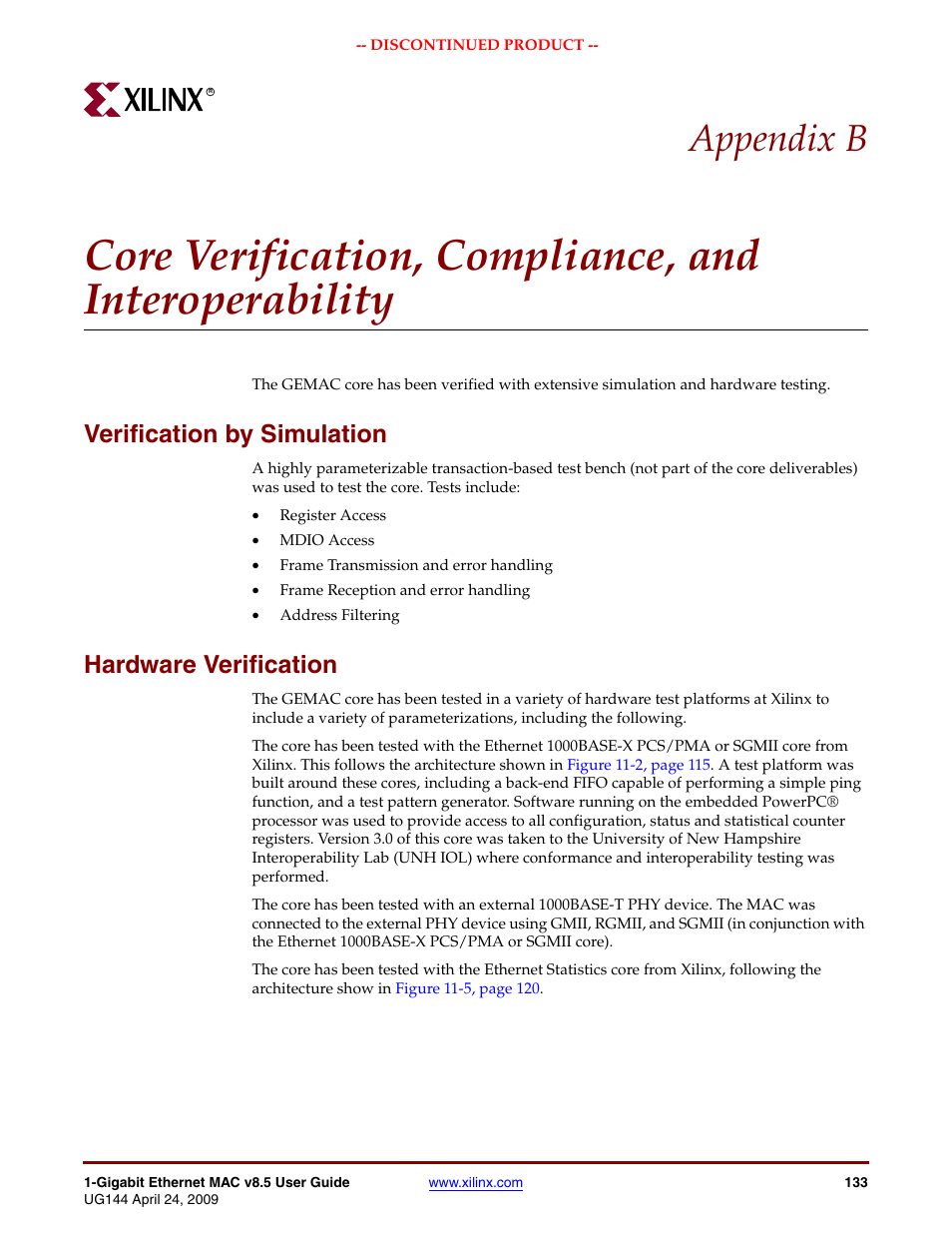 Verification by simulation, Hardware verification, Appendix b | Xilinx LOGICORE UG144 User Manual | Page 133 / 138