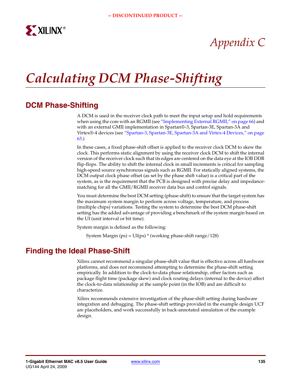 Calculating dcm phase-shifting, Dcm phase-shifting, Finding the ideal phase-shift | Appendix c: calculating dcm phase-shifting, Appendix c, “calculating dcm phase-shifting, Appendix c, “calculating dcm phase, Shifting, Appendix c | Xilinx LOGICORE UG144 User Manual | Page 135 / 138