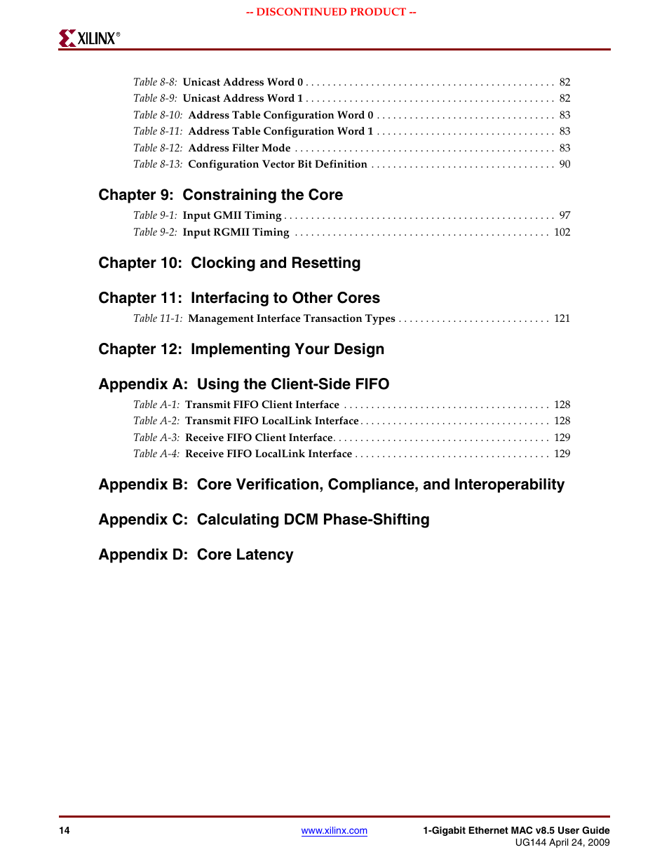 Chapter 9: constraining the core | Xilinx LOGICORE UG144 User Manual | Page 14 / 138