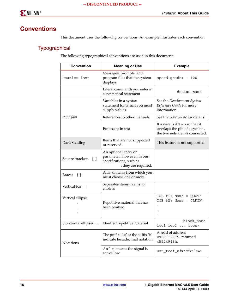 Conventions, Typographical | Xilinx LOGICORE UG144 User Manual | Page 16 / 138