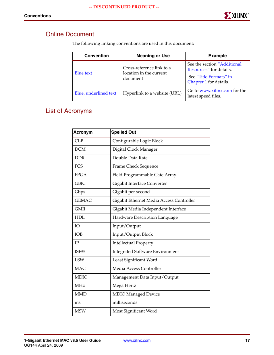 Online document, List of acronyms, Online document list of acronyms | Xilinx LOGICORE UG144 User Manual | Page 17 / 138