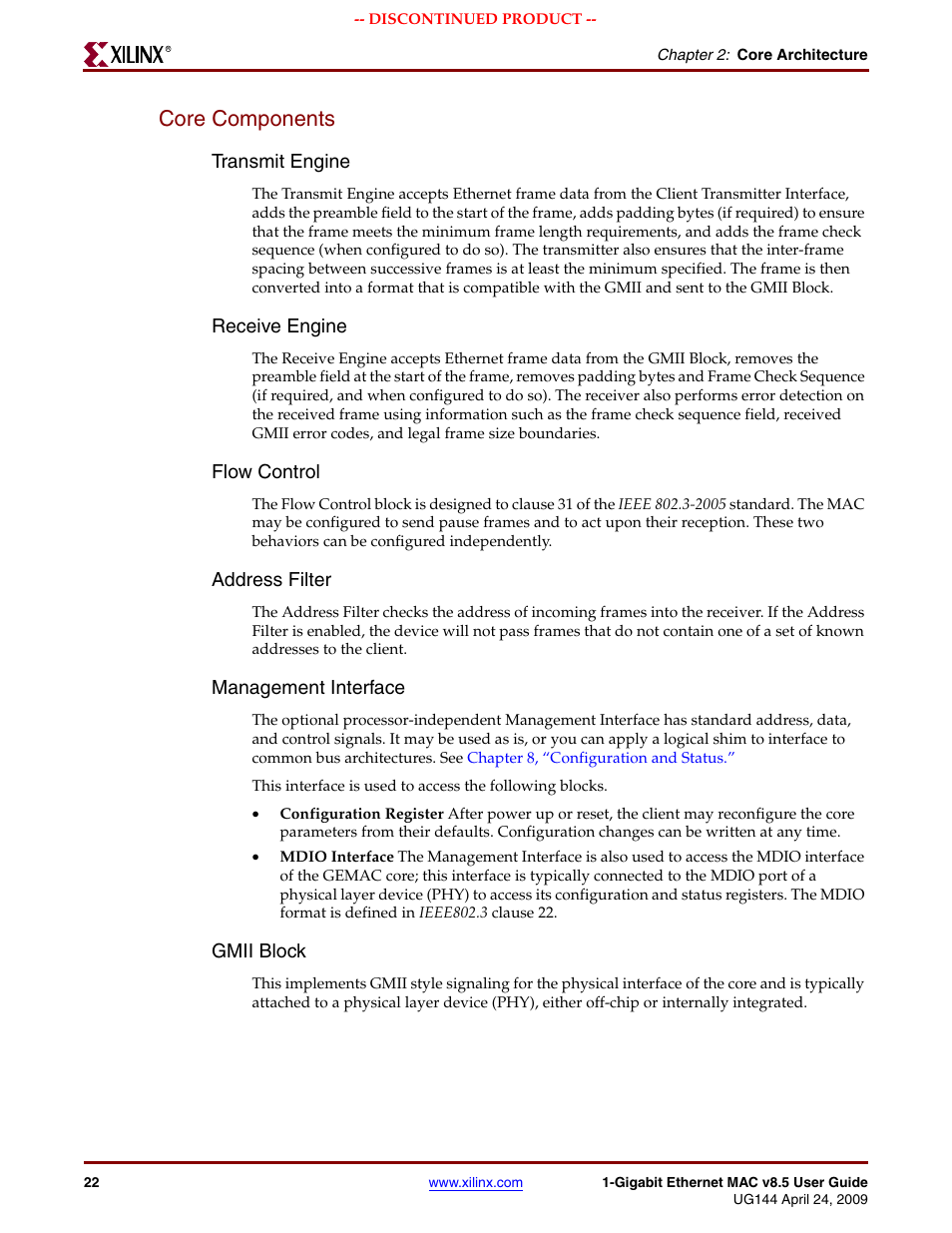Core components, Transmit engine, Receive engine | Flow control, Address filter, Management interface, Gmii block | Xilinx LOGICORE UG144 User Manual | Page 22 / 138
