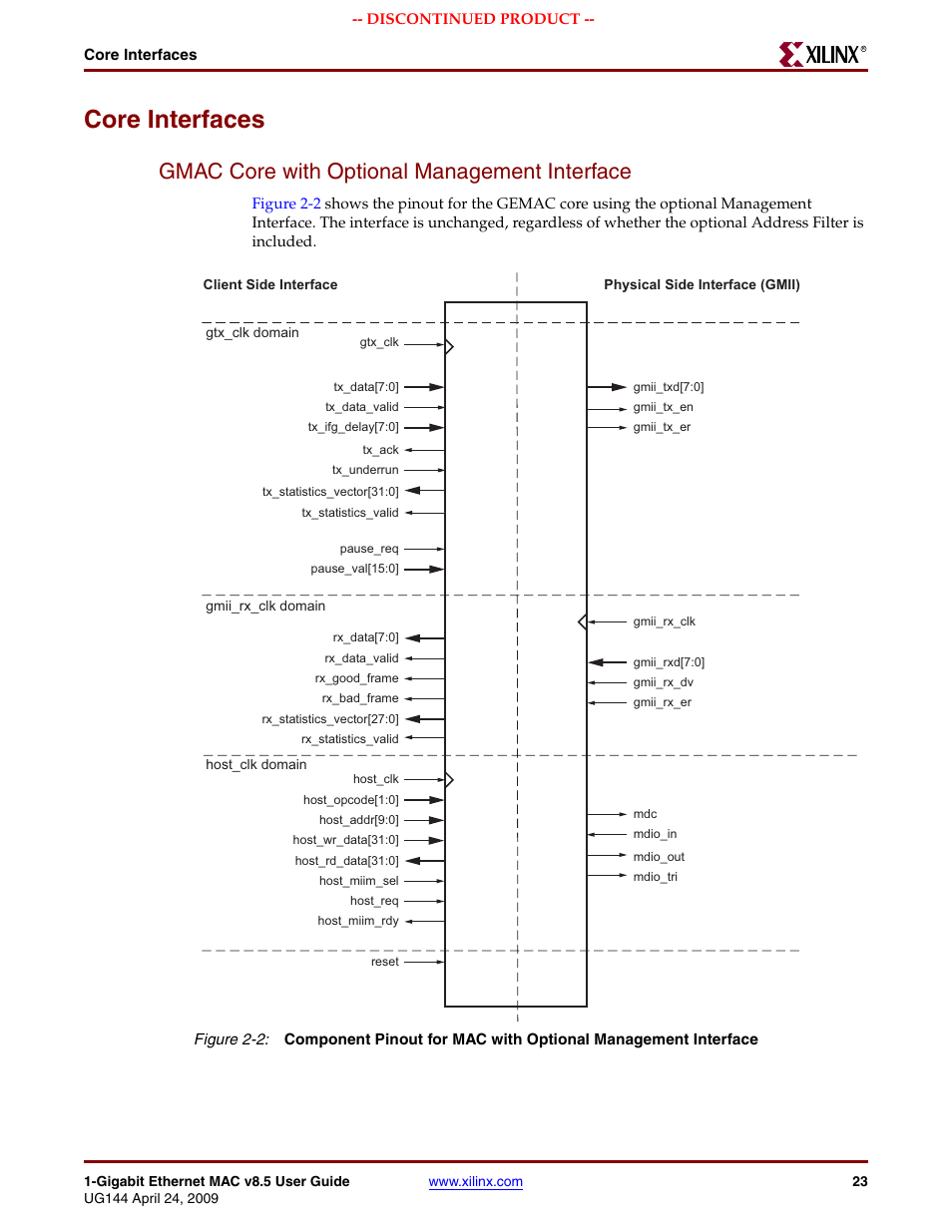 Core interfaces, Gmac core with optional management interface, Figure 2-2 | Xilinx LOGICORE UG144 User Manual | Page 23 / 138