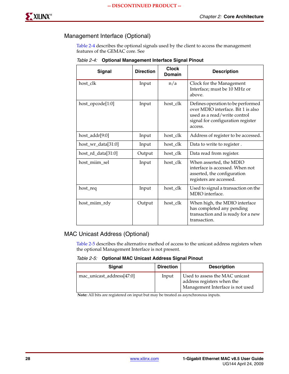 Table 2-4, Table 2-5, Management interface (optional) | Mac unicast address (optional) | Xilinx LOGICORE UG144 User Manual | Page 28 / 138