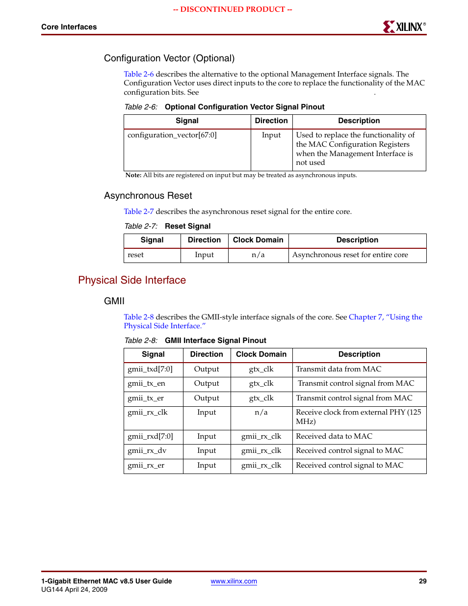 Physical side interface, Table 2-6, Table 2-7 | Table 2-8, Configuration vector (optional), Asynchronous reset, Gmii | Xilinx LOGICORE UG144 User Manual | Page 29 / 138