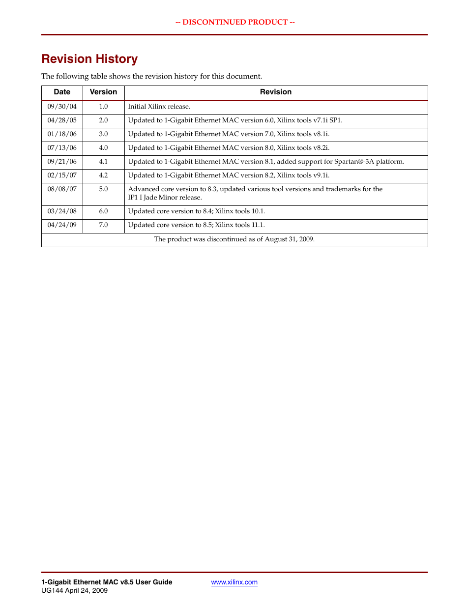 Revision history | Xilinx LOGICORE UG144 User Manual | Page 3 / 138