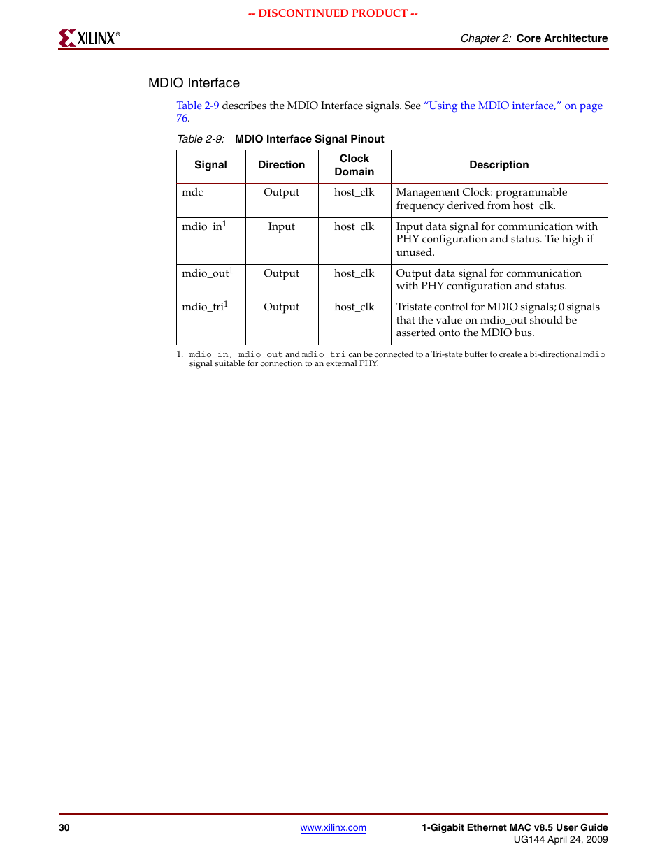 Table 2-9, Mdio interface | Xilinx LOGICORE UG144 User Manual | Page 30 / 138
