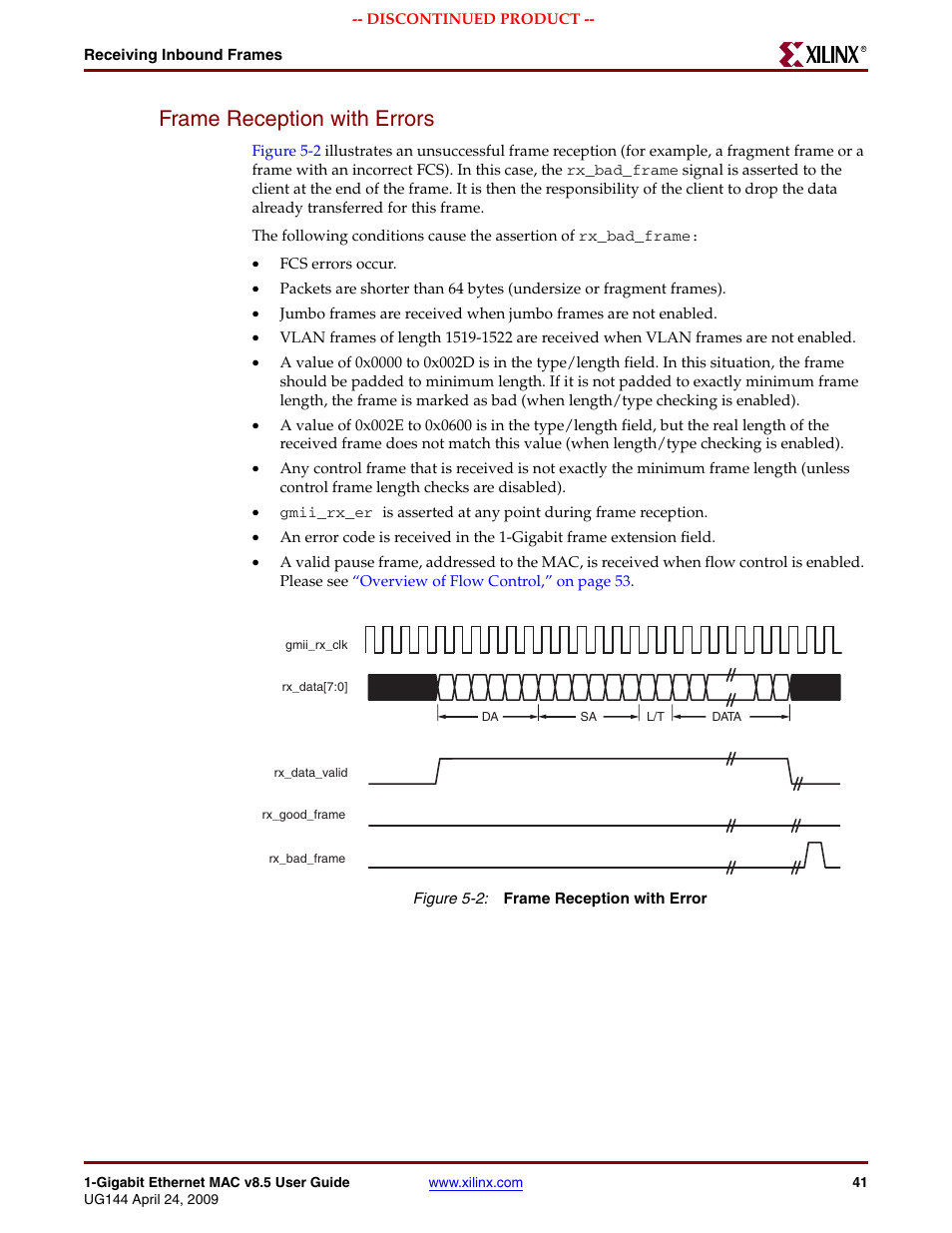 Frame reception with errors, Figure 5-2 | Xilinx LOGICORE UG144 User Manual | Page 41 / 138