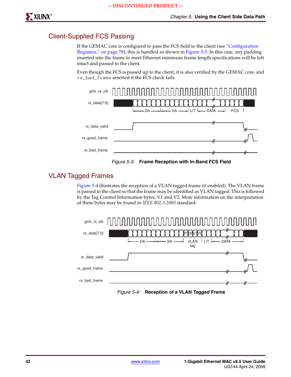 Client-supplied fcs passing, Vlan tagged frames, Client-supplied fcs passing vlan tagged frames | Figure 5-3, Figure 5-4 | Xilinx LOGICORE UG144 User Manual | Page 42 / 138