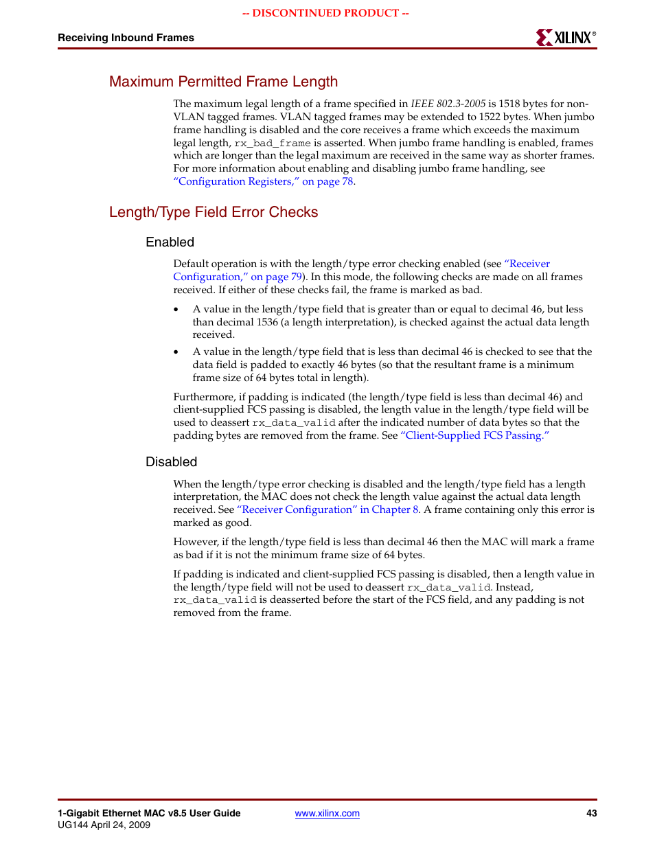 Maximum permitted frame length, Length/type field error checks, Enabled | Disabled | Xilinx LOGICORE UG144 User Manual | Page 43 / 138