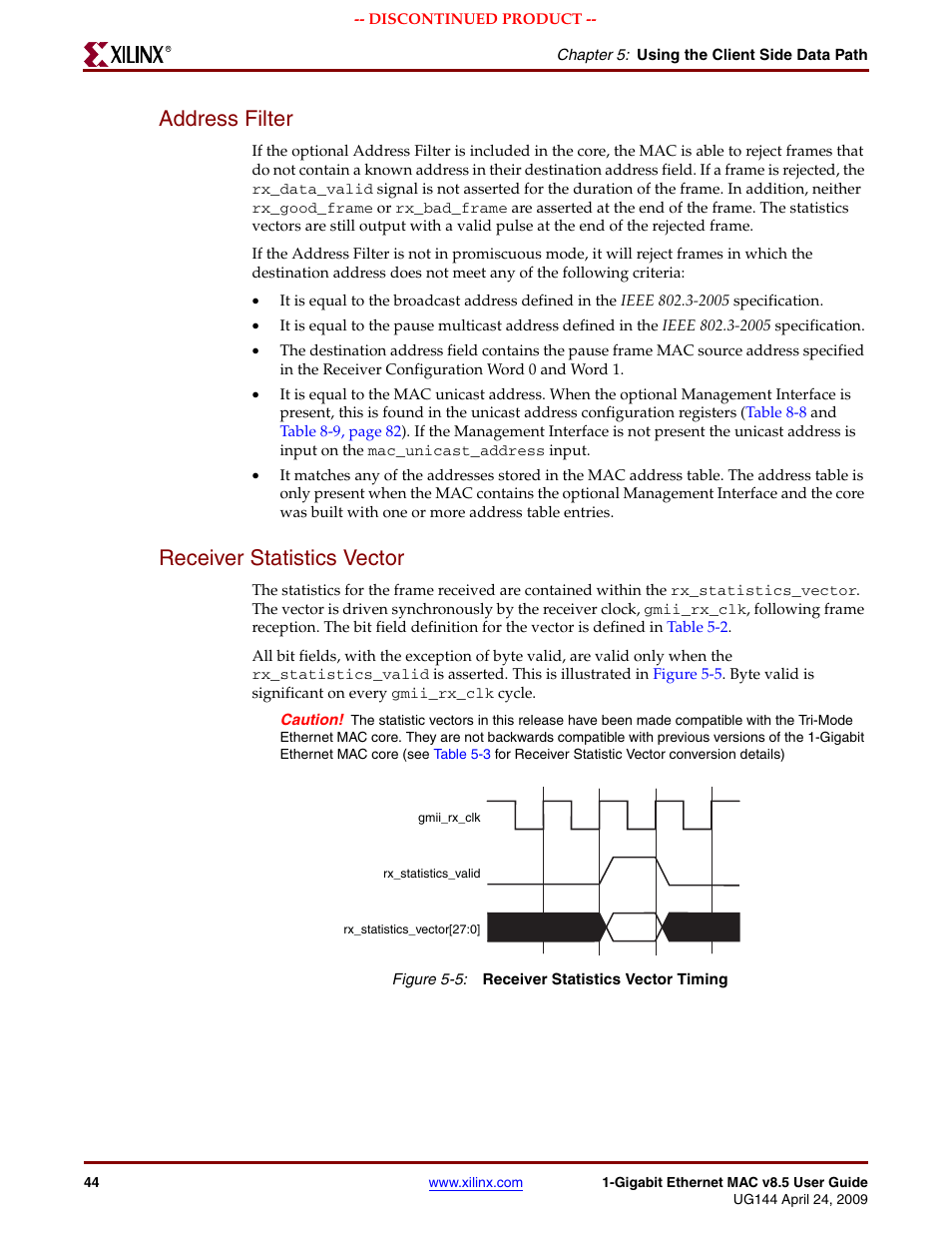 Address filter, Receiver statistics vector, Address filter receiver statistics vector | Figure 5-5, The d | Xilinx LOGICORE UG144 User Manual | Page 44 / 138