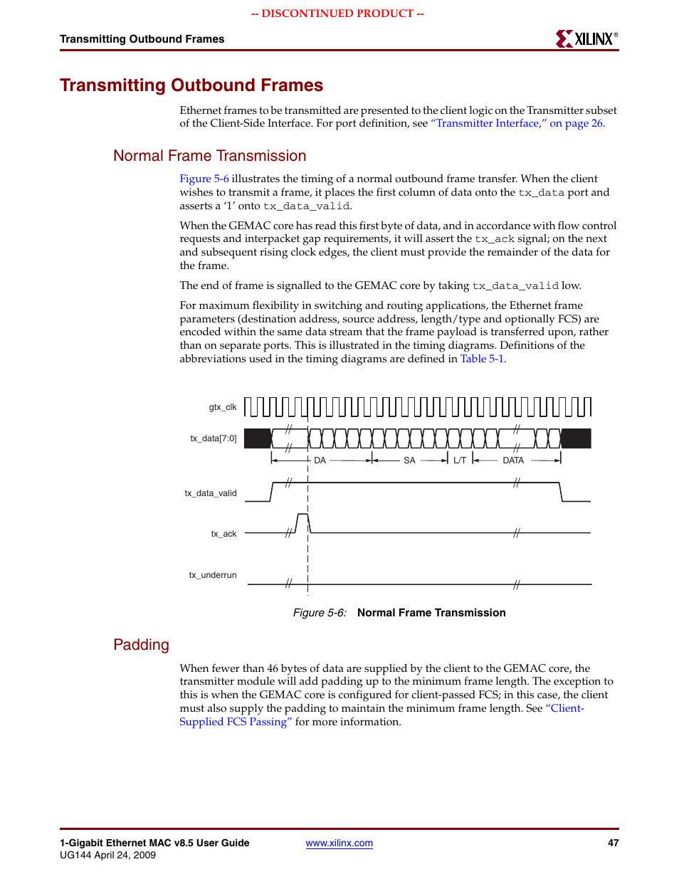 Transmitting outbound frames, Normal frame transmission, Padding | Normal frame transmission padding, Figure 5-6, Transmitting outbound | Xilinx LOGICORE UG144 User Manual | Page 47 / 138
