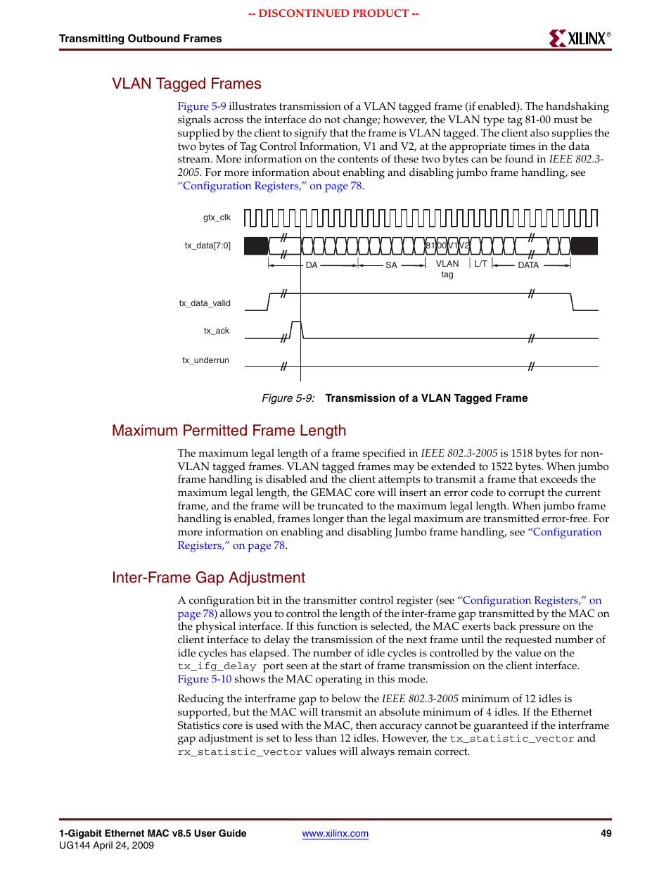 Vlan tagged frames, Maximum permitted frame length, Inter-frame gap adjustment | Figure 5-9 | Xilinx LOGICORE UG144 User Manual | Page 49 / 138