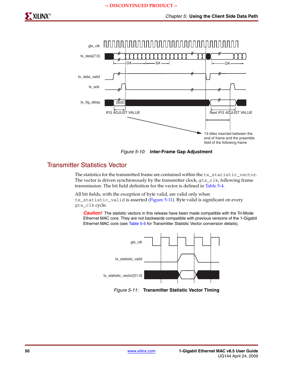 Transmitter statistics vector, Figure 5-10, Figure 5-11 | Xilinx LOGICORE UG144 User Manual | Page 50 / 138
