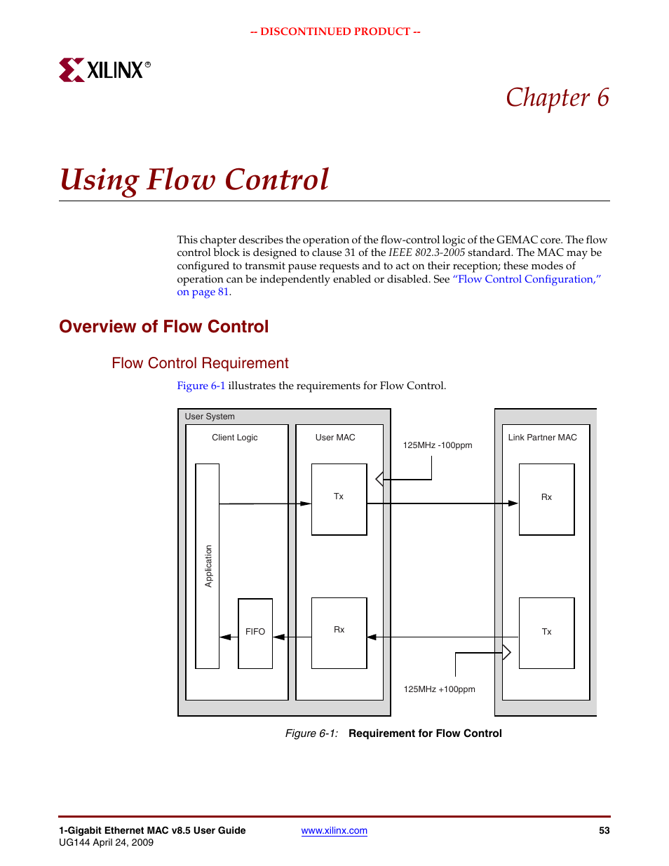 Using flow control, Overview of flow control, Flow control requirement | Chapter 6: using flow control, Figure 6-1, Chapter 6 | Xilinx LOGICORE UG144 User Manual | Page 53 / 138