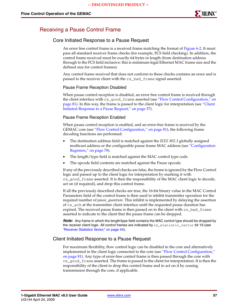 Receiving a pause control frame, Core initiated response to a pause request, Client initiated response to a pause request | Xilinx LOGICORE UG144 User Manual | Page 57 / 138