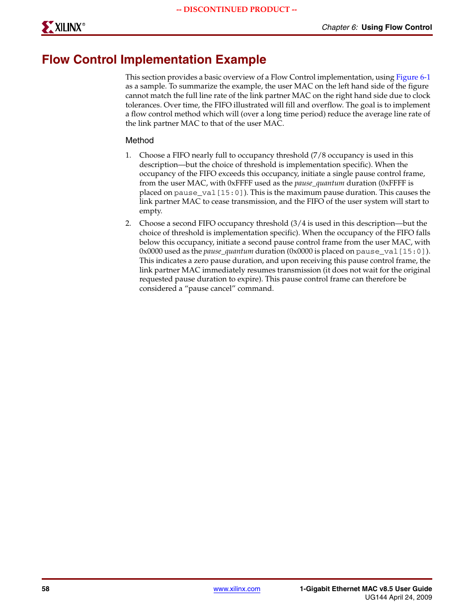 Flow control implementation example | Xilinx LOGICORE UG144 User Manual | Page 58 / 138