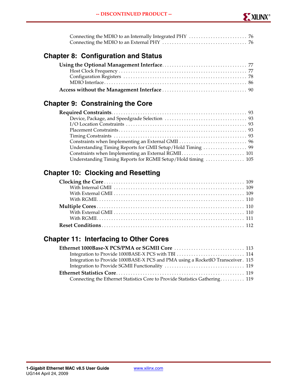 Chapter 8: configuration and status, Chapter 9: constraining the core, Chapter 10: clocking and resetting | Chapter 11: interfacing to other cores | Xilinx LOGICORE UG144 User Manual | Page 7 / 138
