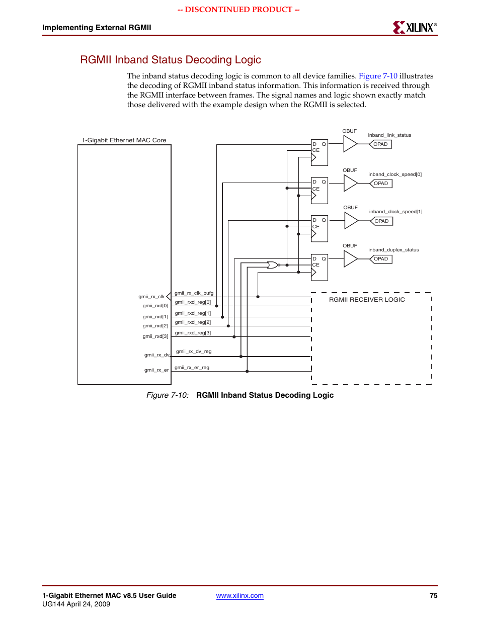 Rgmii inband status decoding logic, Figure 7-10, Implementing external rgmii | Discontinued product | Xilinx LOGICORE UG144 User Manual | Page 75 / 138