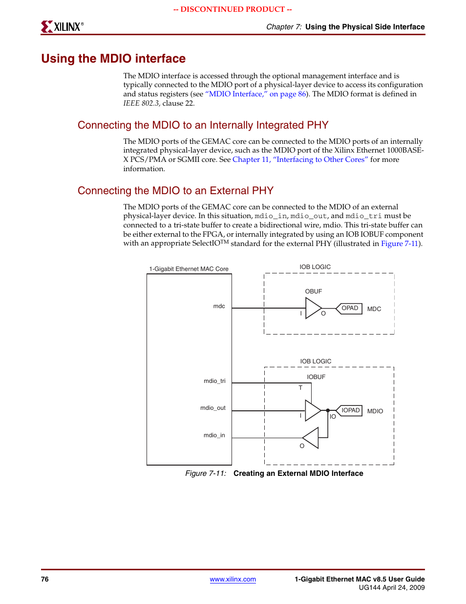 Using the mdio interface, Connecting the mdio to an external phy, Figure 7-11 | Xilinx LOGICORE UG144 User Manual | Page 76 / 138