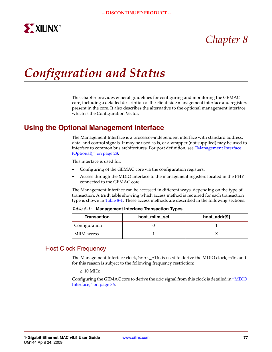 Configuration and status, Using the optional management interface, Host clock frequency | Chapter 8: configuration and status, Table 8-1, Chapter 8, “configuration and status, Using the optional, Chapter 8 | Xilinx LOGICORE UG144 User Manual | Page 77 / 138