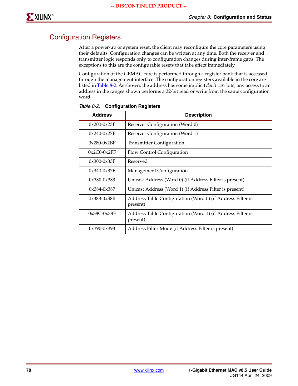 Configuration registers, Table 8-2, Configuration | Er (see, Configuration registers,” on | Xilinx LOGICORE UG144 User Manual | Page 78 / 138