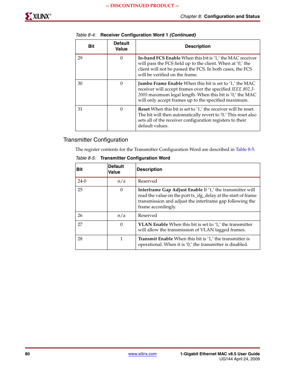 Table 8-5, Transmitter configuration | Xilinx LOGICORE UG144 User Manual | Page 80 / 138
