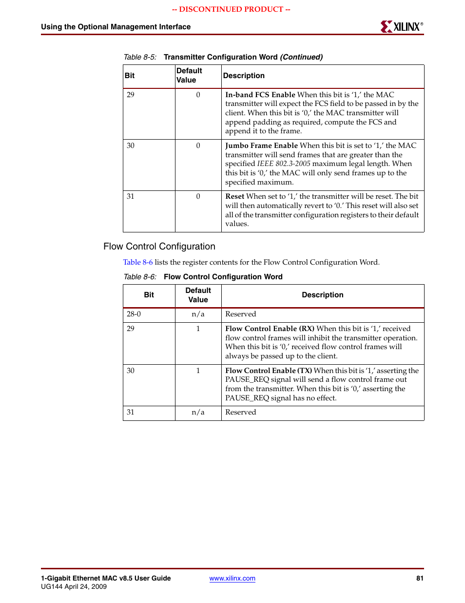 Table 8-6, Flow control configuration, Flow control configuration,” on | Xilinx LOGICORE UG144 User Manual | Page 81 / 138