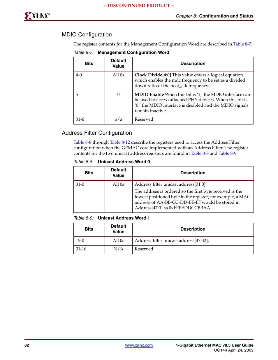 Table 8-7, Table 8-8, Table 8-9 | Mdio configuration, Address filter configuration | Xilinx LOGICORE UG144 User Manual | Page 82 / 138