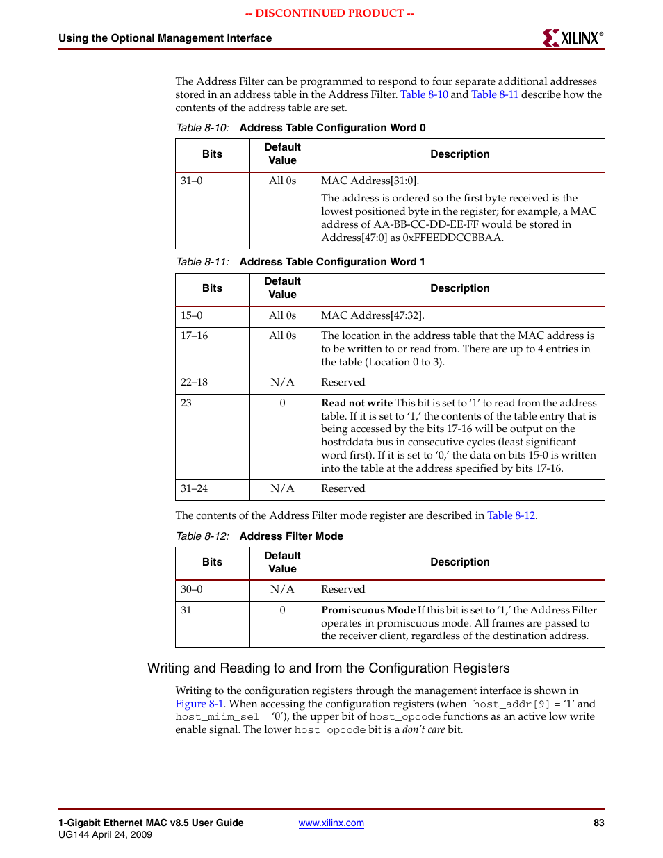 Table 8-10, Table 8-11, Table 8-12 | Xilinx LOGICORE UG144 User Manual | Page 83 / 138