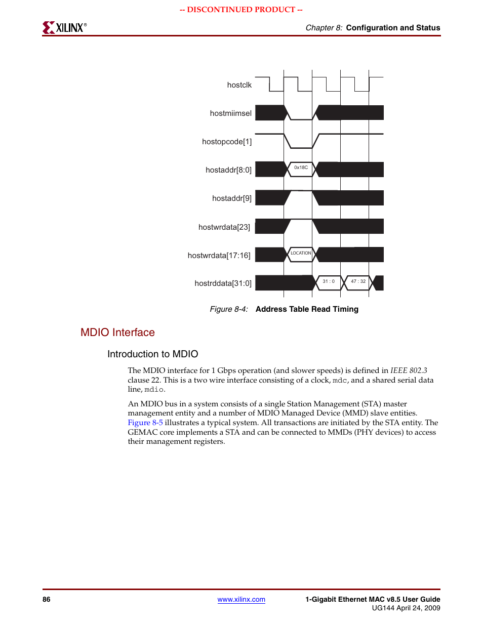 Mdio interface, Figure 8-4, Mdio | Introduction to mdio | Xilinx LOGICORE UG144 User Manual | Page 86 / 138
