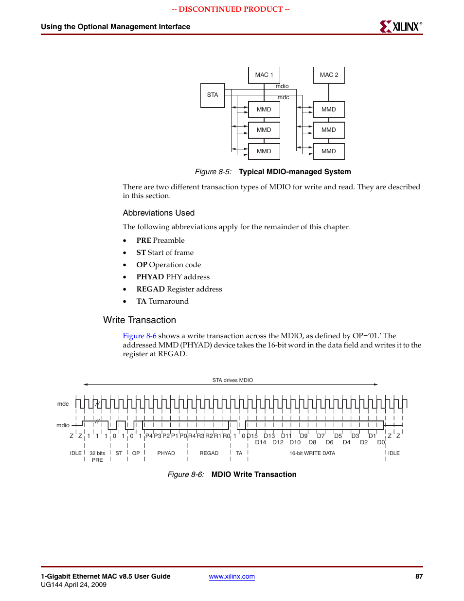 Figure 8-5, Figure 8-6, Write transaction | Abbreviations used | Xilinx LOGICORE UG144 User Manual | Page 87 / 138