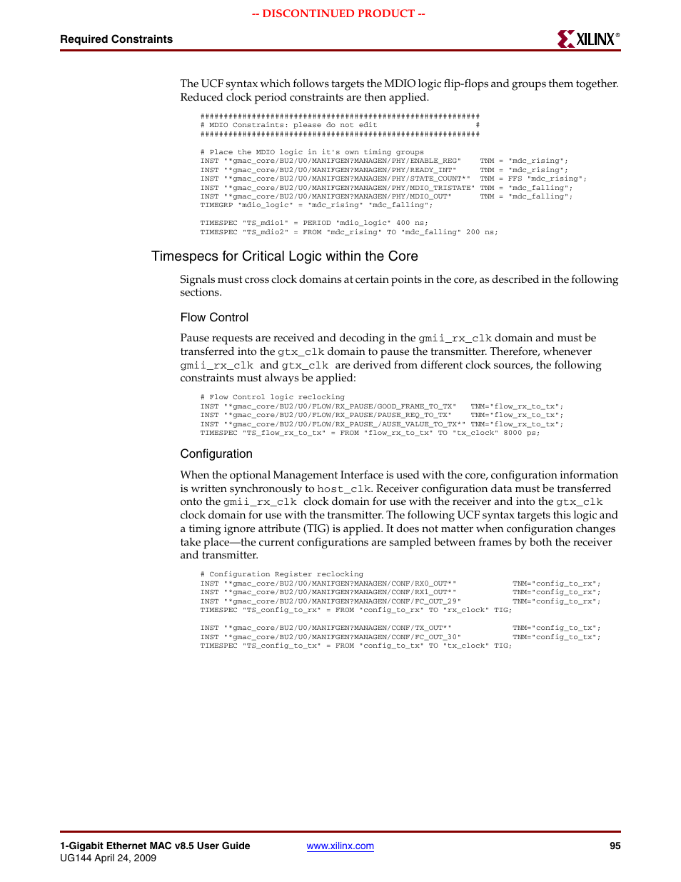 Timespecs for critical logic within the core, Flow control, Configuration | Xilinx LOGICORE UG144 User Manual | Page 95 / 138