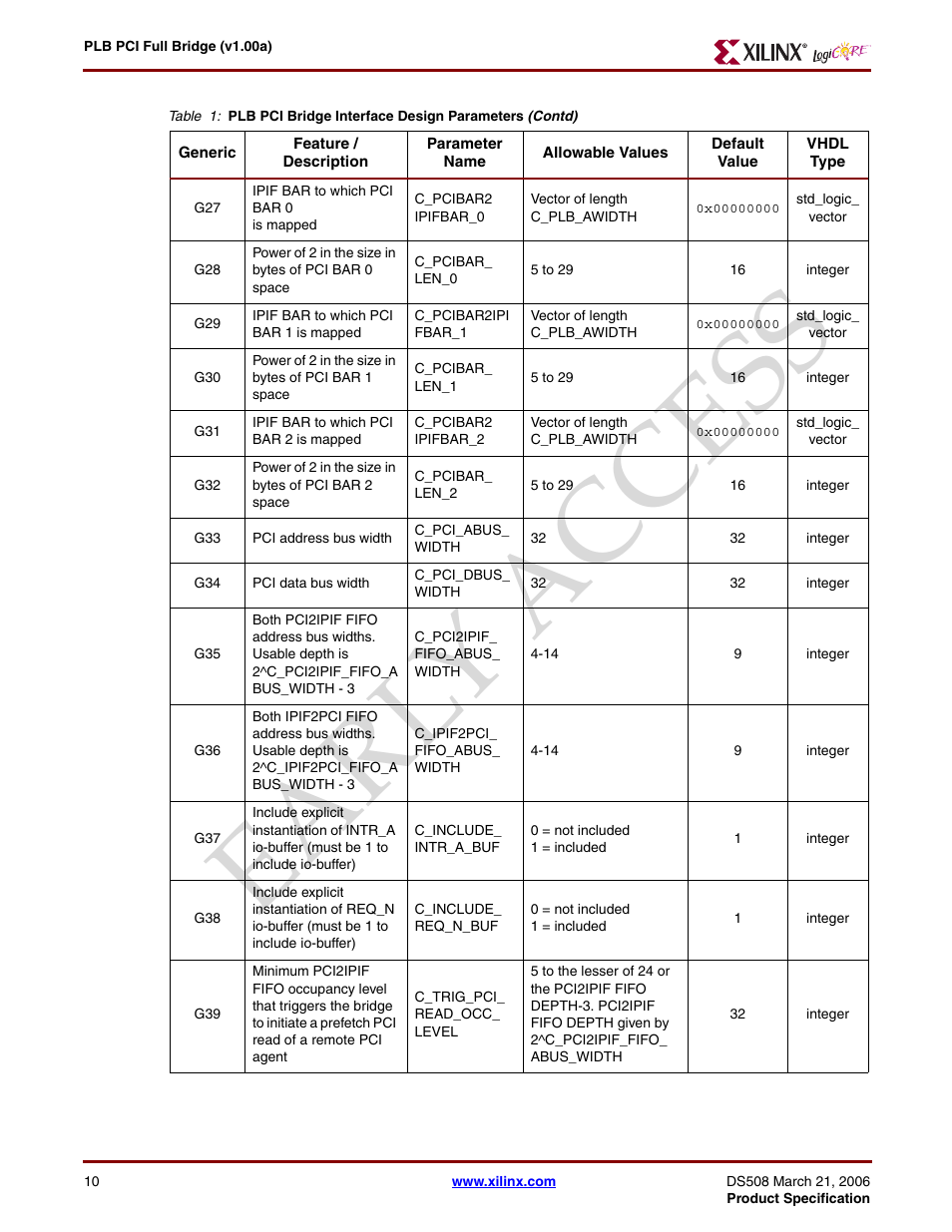 Earl y access | Xilinx LogiCore PLB PCI Full Bridge User Manual | Page 10 / 58