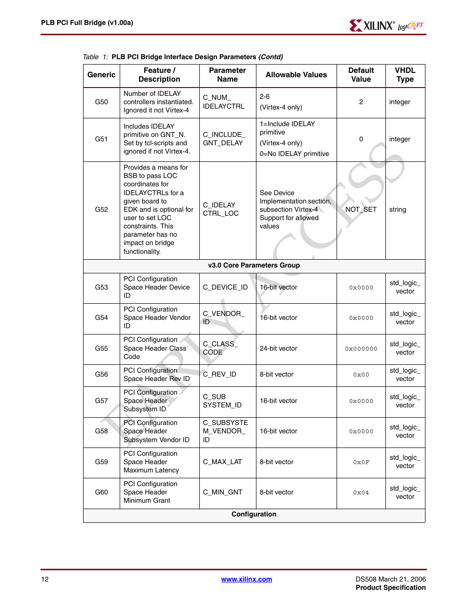 Earl y access | Xilinx LogiCore PLB PCI Full Bridge User Manual | Page 12 / 58