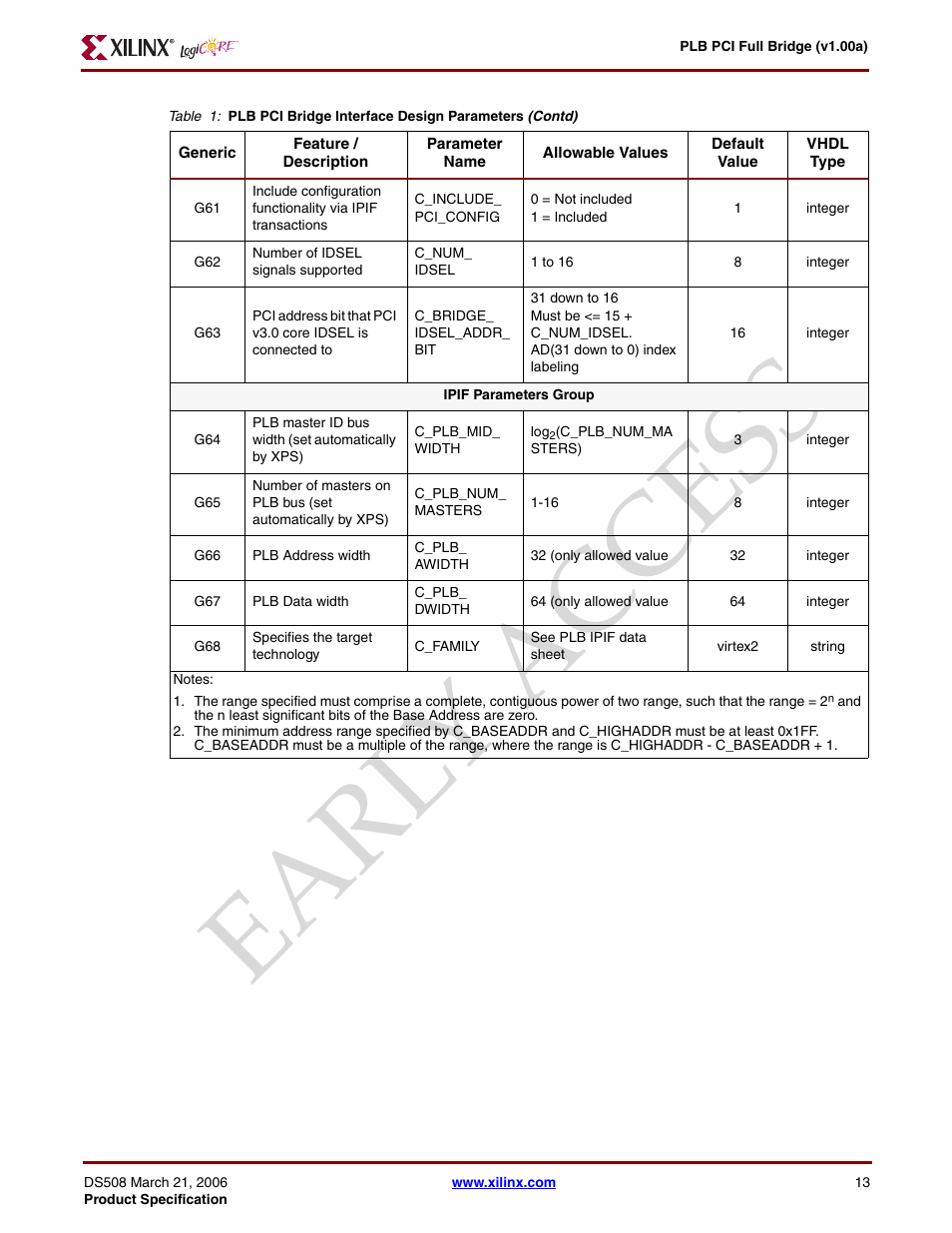 Ear ly access | Xilinx LogiCore PLB PCI Full Bridge User Manual | Page 13 / 58