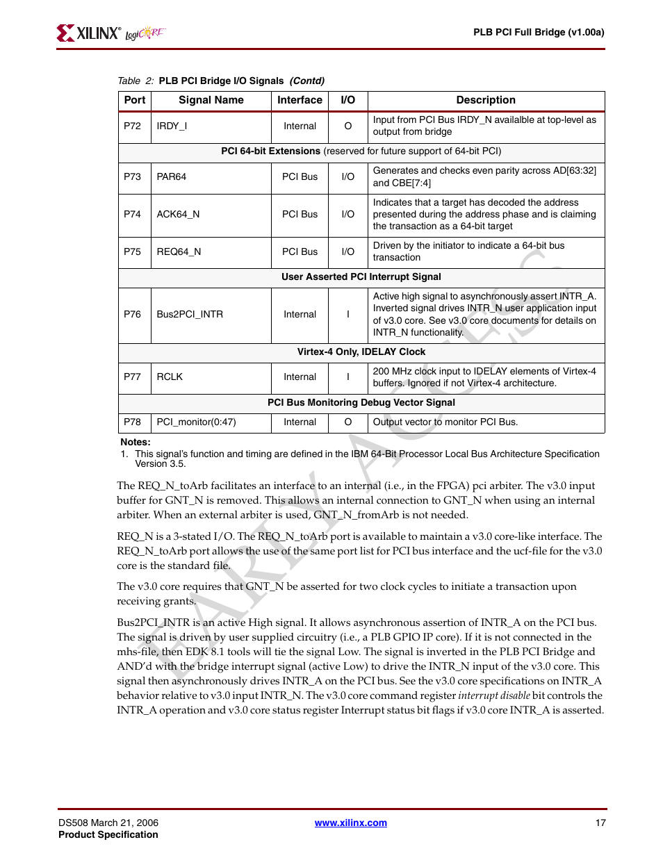 Ear ly access | Xilinx LogiCore PLB PCI Full Bridge User Manual | Page 17 / 58