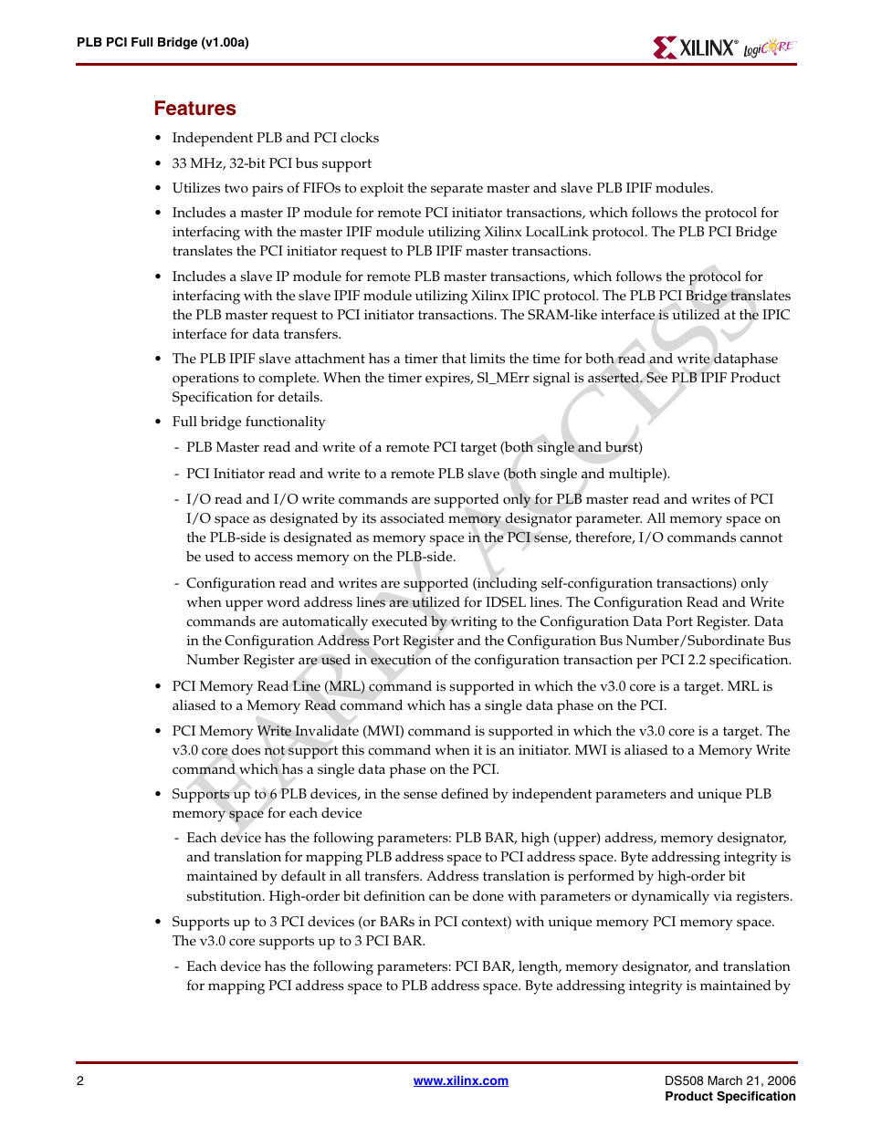 Features, Earl y access | Xilinx LogiCore PLB PCI Full Bridge User Manual | Page 2 / 58