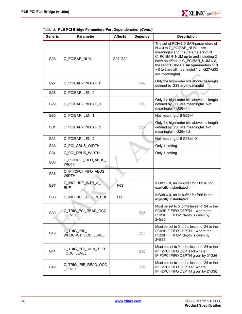 Earl y access | Xilinx LogiCore PLB PCI Full Bridge User Manual | Page 20 / 58