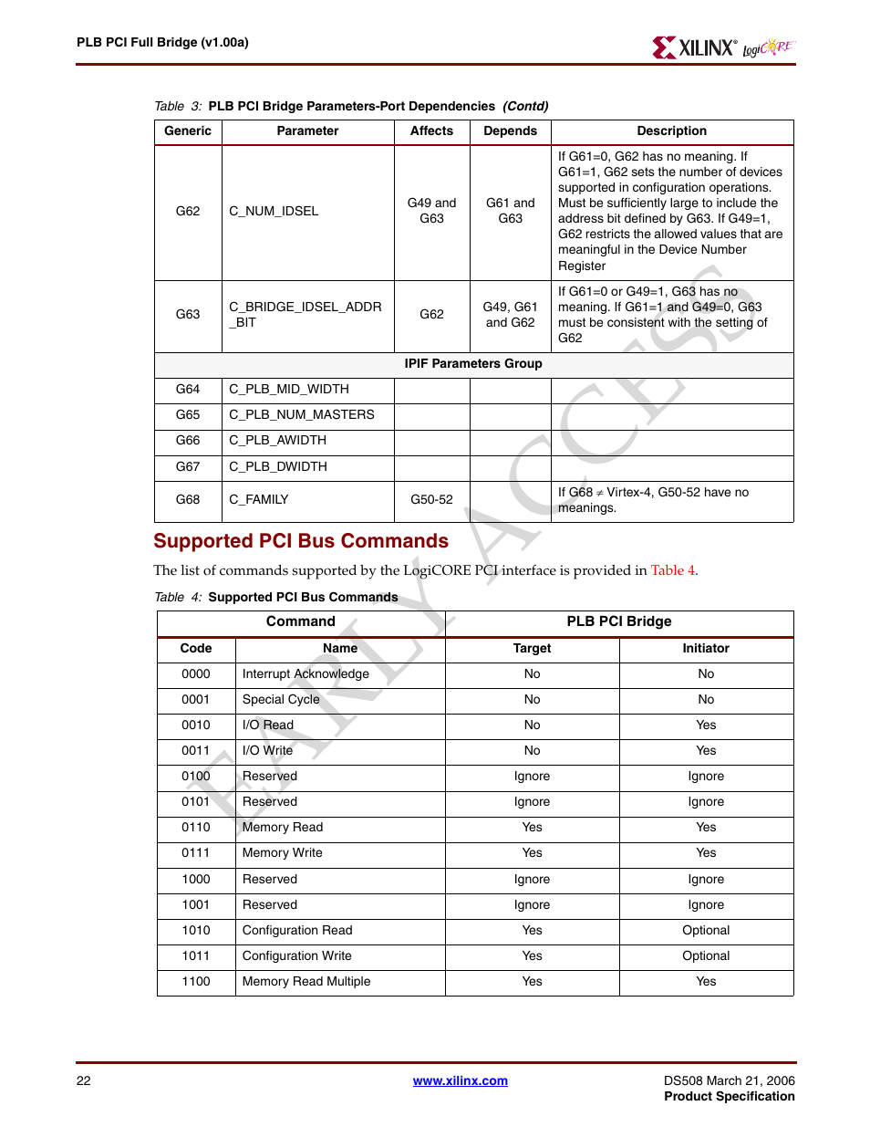 Supported pci bus commands, Earl y access | Xilinx LogiCore PLB PCI Full Bridge User Manual | Page 22 / 58