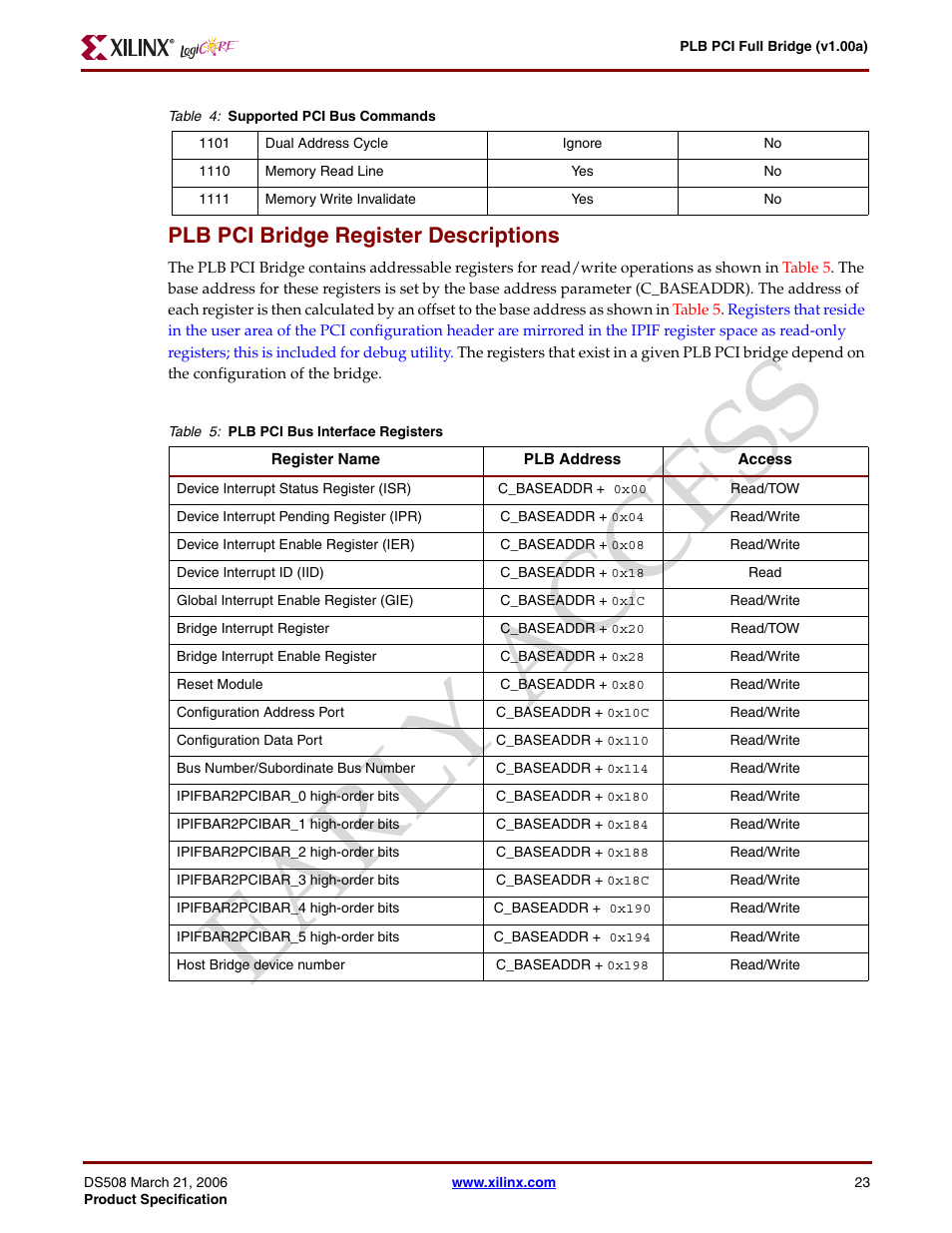 Plb pci bridge register descriptions, Ear ly access | Xilinx LogiCore PLB PCI Full Bridge User Manual | Page 23 / 58