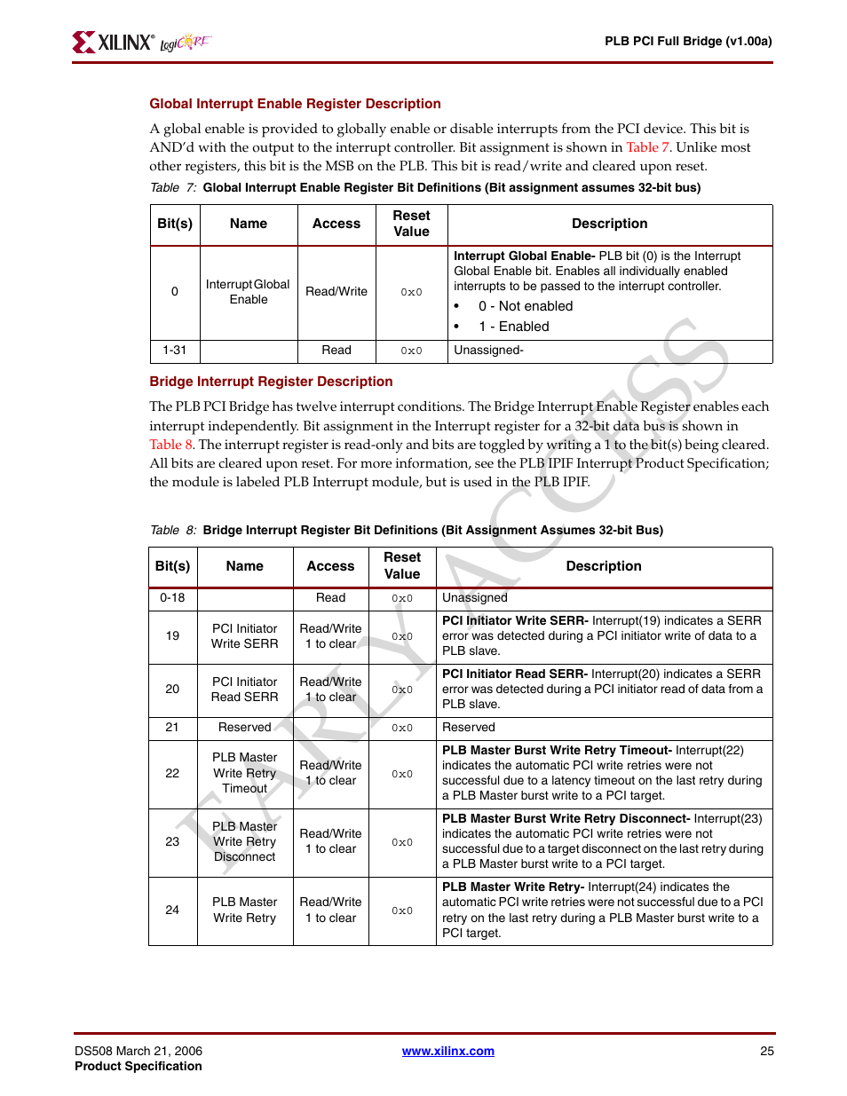 Ear ly access | Xilinx LogiCore PLB PCI Full Bridge User Manual | Page 25 / 58