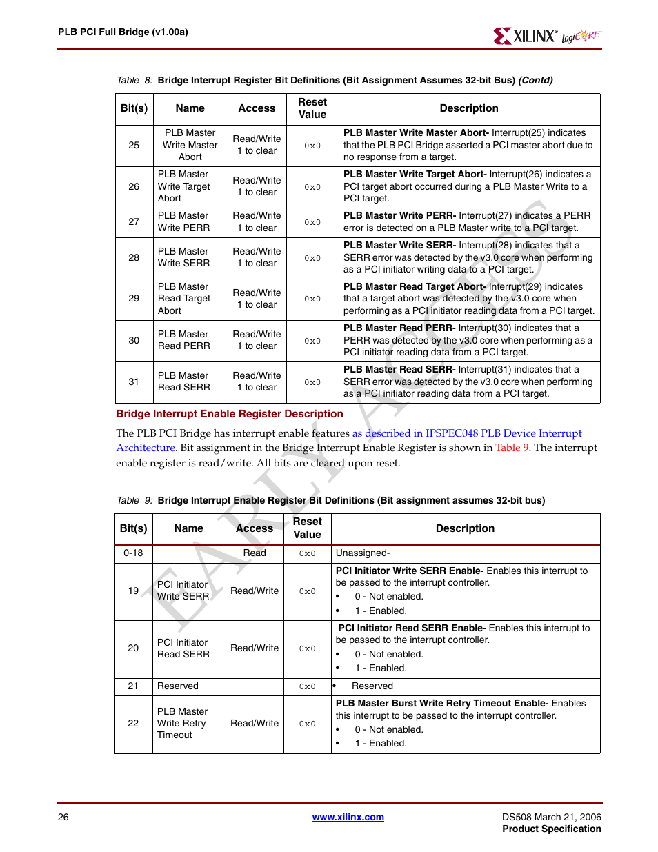 Earl y access | Xilinx LogiCore PLB PCI Full Bridge User Manual | Page 26 / 58