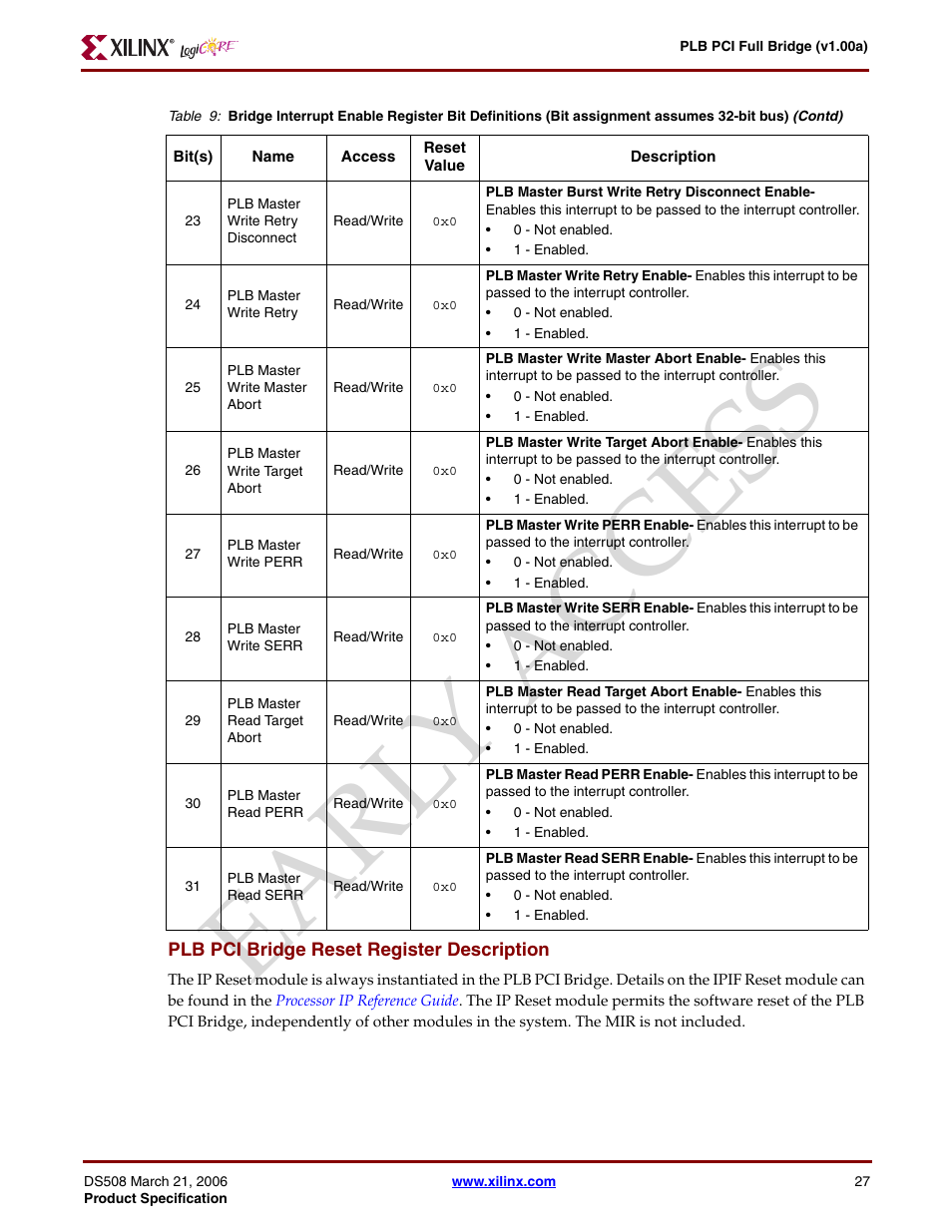 Plb pci bridge reset register description, Ear ly access | Xilinx LogiCore PLB PCI Full Bridge User Manual | Page 27 / 58