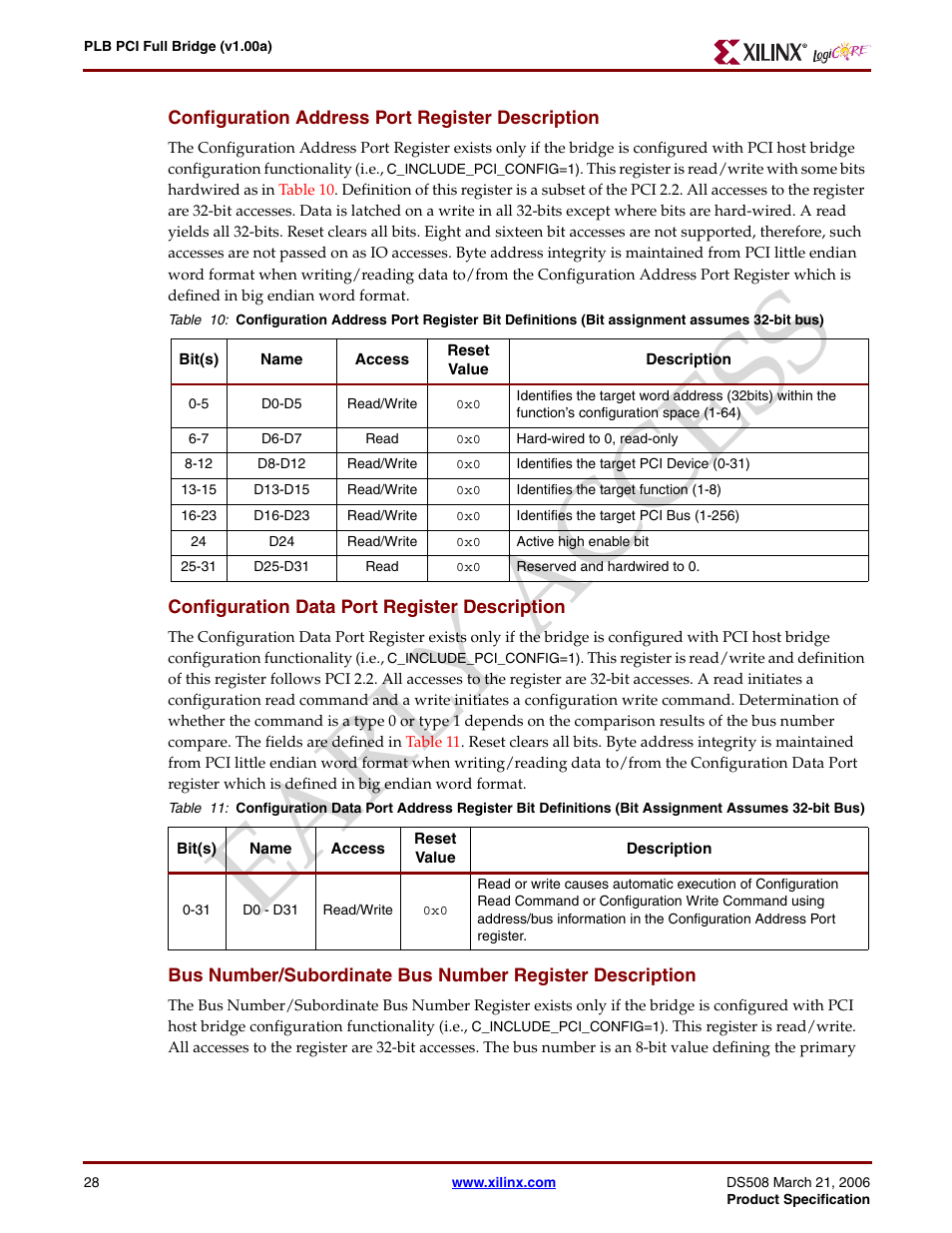 Configuration address port register description, Configuration data port register description, Earl y access | Xilinx LogiCore PLB PCI Full Bridge User Manual | Page 28 / 58