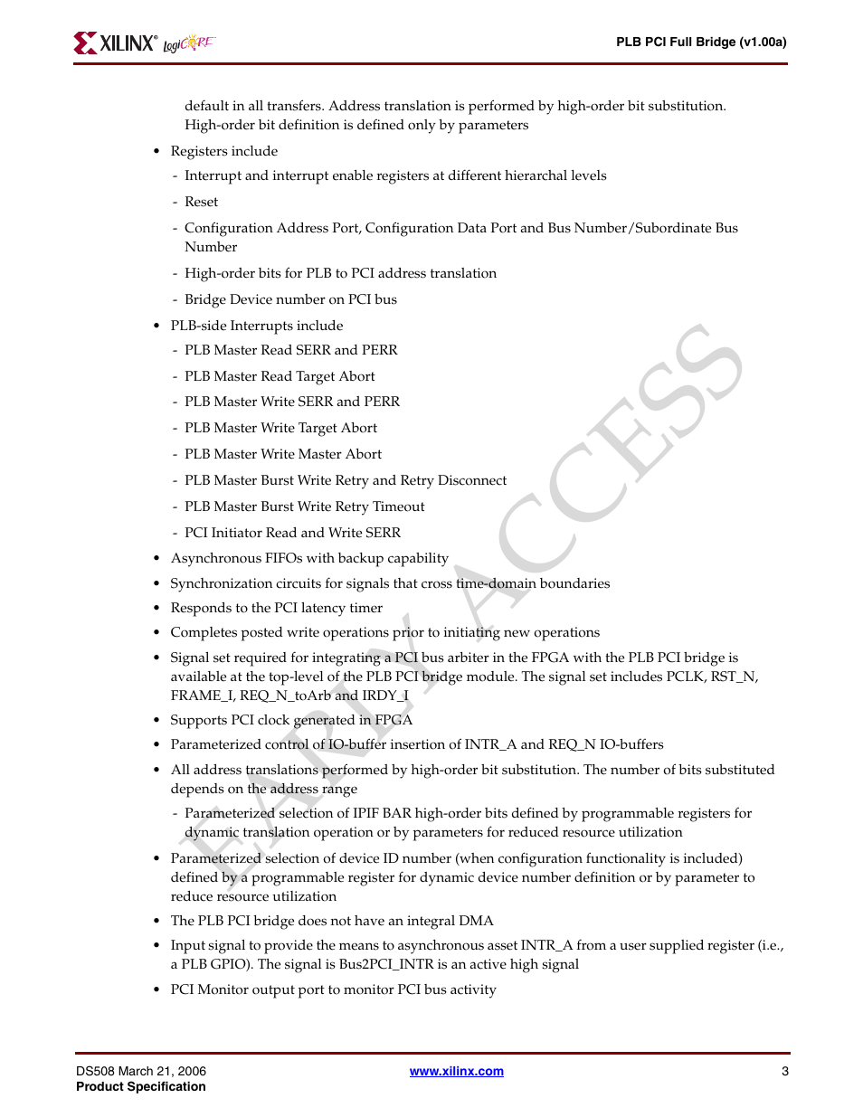 Ear ly access | Xilinx LogiCore PLB PCI Full Bridge User Manual | Page 3 / 58