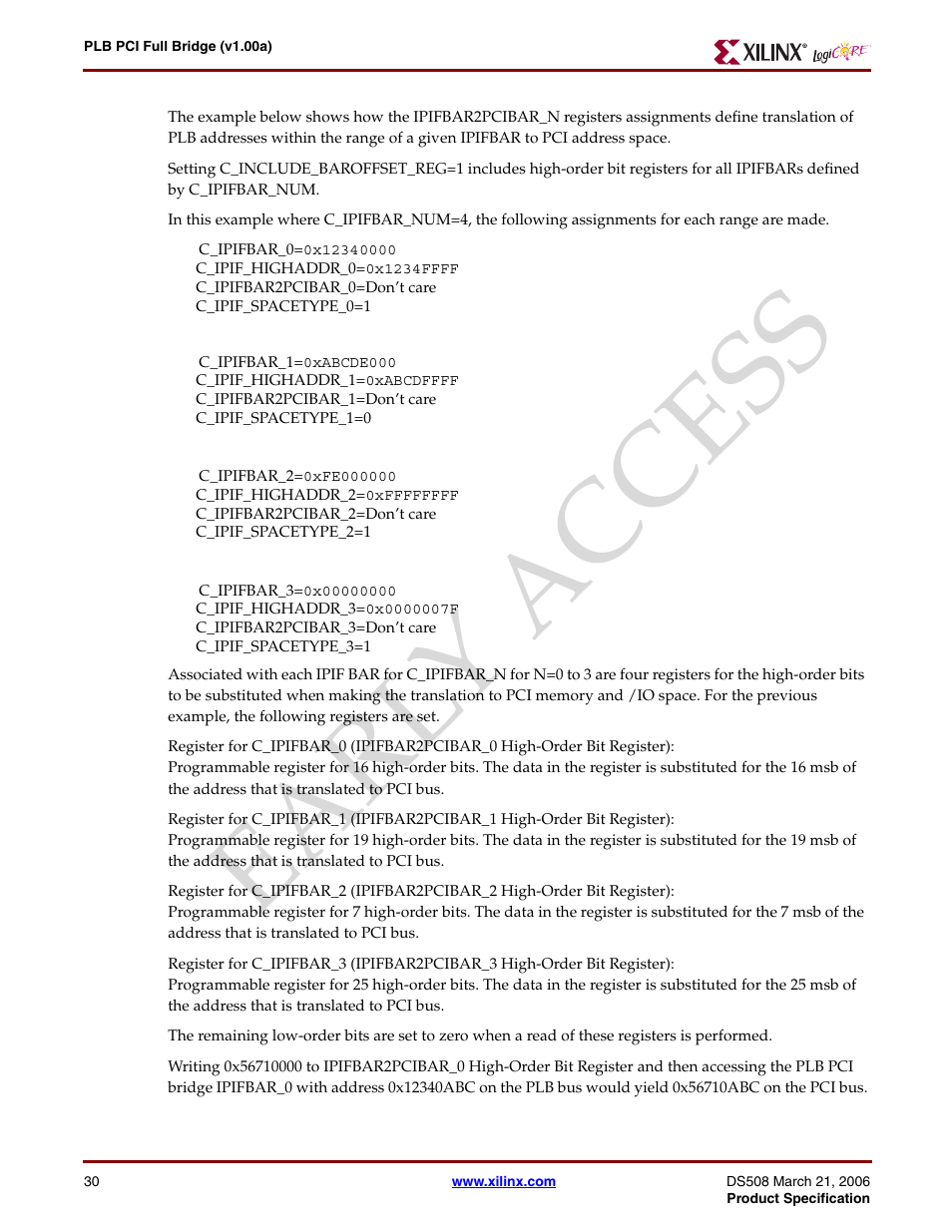 Earl y access | Xilinx LogiCore PLB PCI Full Bridge User Manual | Page 30 / 58